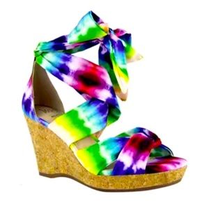Brand new - Impo Olitha rainbow tie-dye wedges, size 7.5